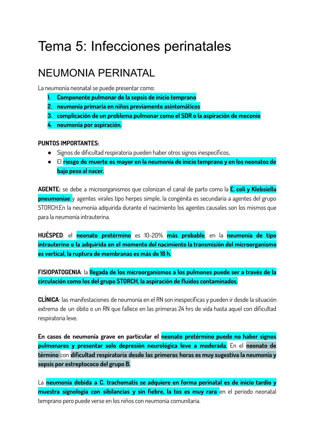 # Tema 5: Infecciones perinatales
## NEUMONIA PERINATAL
La neumonía neonatal se puede presentar como:
1. Componente pulmonar de la sepsis