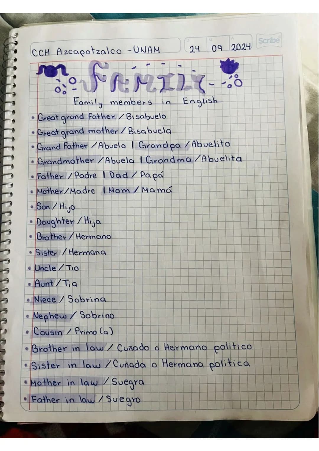 Scribe
CCH Azcapotzalco - UNAM
24 09 2024
-
FAMILY
Family members in English
•Great grand father/Bisabuelo
• Great grand mother/Bisabuela