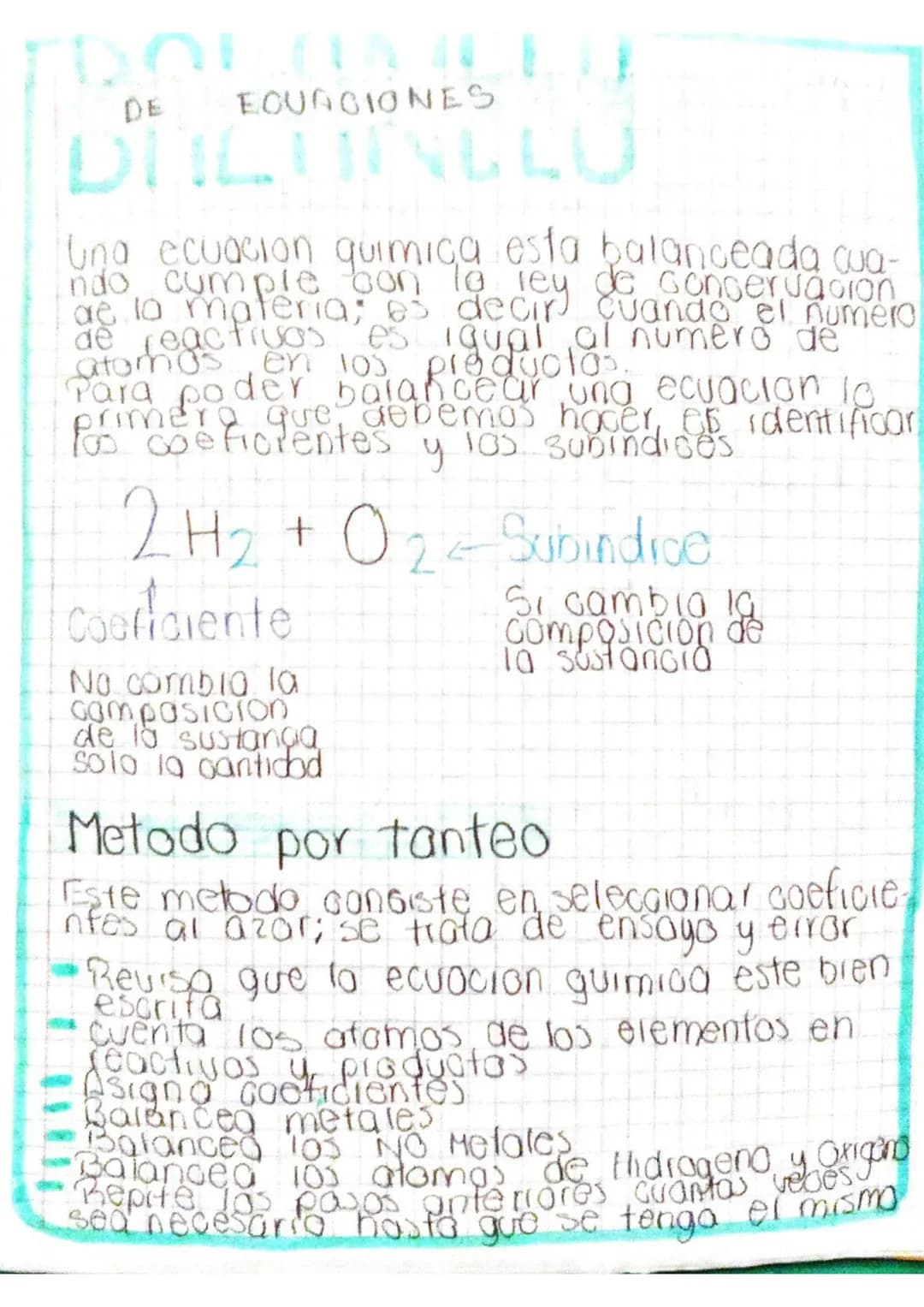 DE
ECUACIONES
DIUINCLU
Una ecuacion quimica esta balanceada cua-
ndo cumple con la ley de conservacion
de la materia; es decir cuando el num