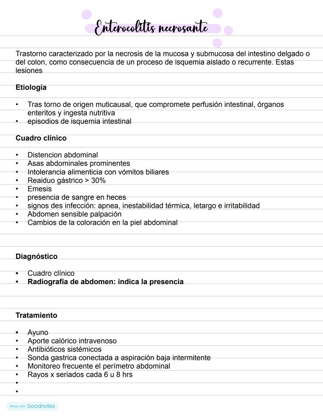 Made with Goodnotes # Enterocolitis necrosante
Trastorno caracterizado por la necrosis de la mucosa y submucosa del intestino delgado o del