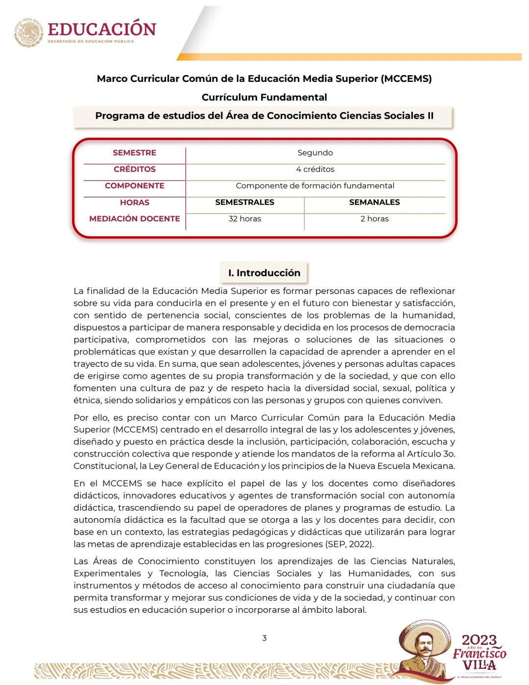 EDUCACIÓN
SECRETARÍA DE EDUCACIÓN PÚBLICA
Programa
de estudios del Área de Conocimiento
Ciencias Sociales II Créditos
Leticia Ramírez Amaya