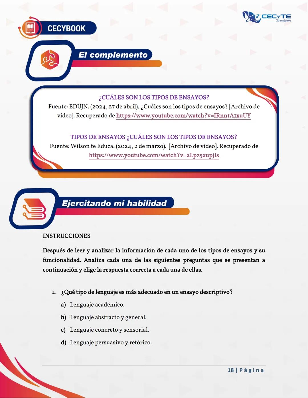 ## Semana 04
## Unidad 1: Atender y entender CECYBOOK
CECYTE
Guanajuato
Contenido específico
3. Tipos de ensayo
3.1 Literario
3.2 Filosófic