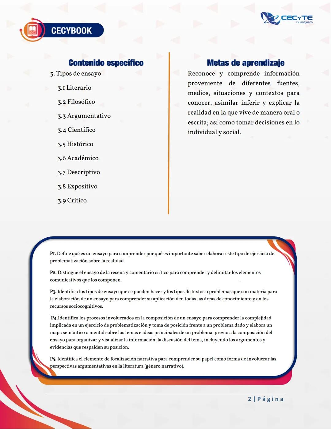 ## Semana 04
## Unidad 1: Atender y entender CECYBOOK
CECYTE
Guanajuato
Contenido específico
3. Tipos de ensayo
3.1 Literario
3.2 Filosófic