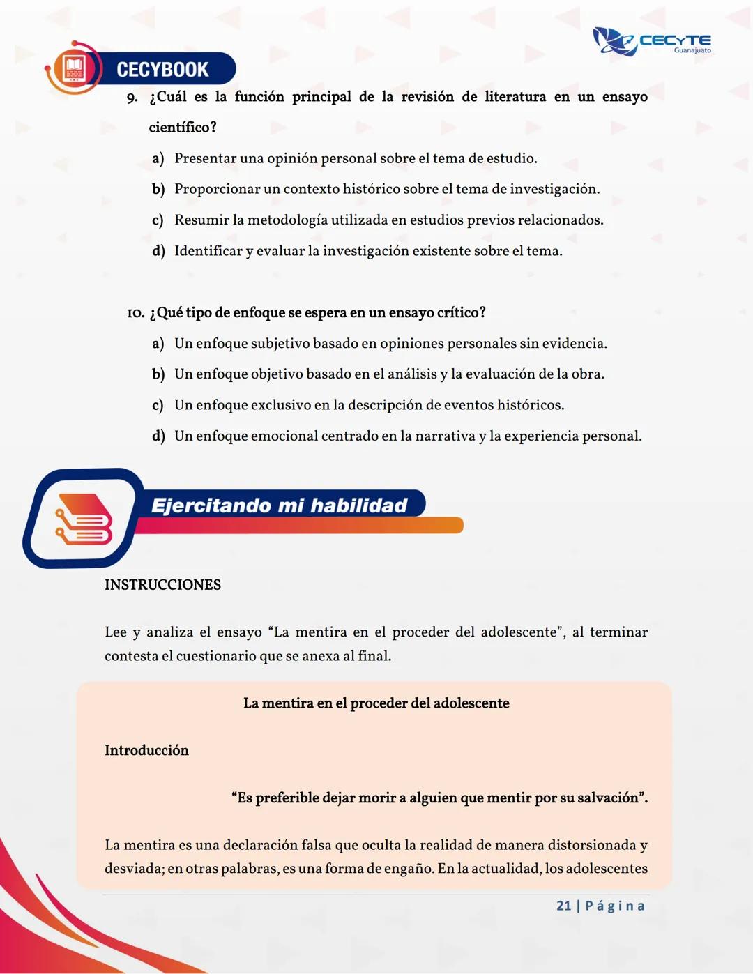 ## Semana 04
## Unidad 1: Atender y entender CECYBOOK
CECYTE
Guanajuato
Contenido específico
3. Tipos de ensayo
3.1 Literario
3.2 Filosófic
