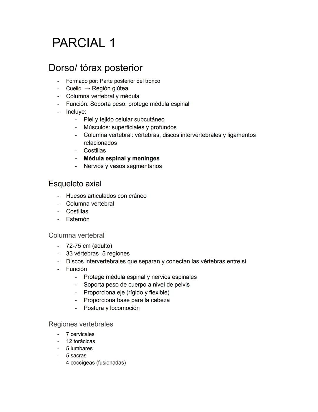 PARCIAL 1
Dorso/ tórax posterior
- Formado por: Parte posterior del tronco
- Cuello → Región glútea
- Columna vertebral y médula
- Función: