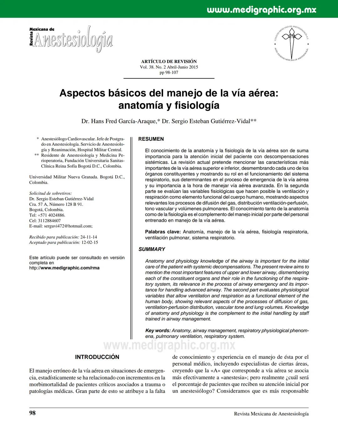 # Anestesiologia
www.medigraphic.org.mx
## ARTÍCULO DE REVISIÓN
Vol. 38. No. 2 Abril-Junio 2015
pp 98-107
# Aspectos básicos del manejo de