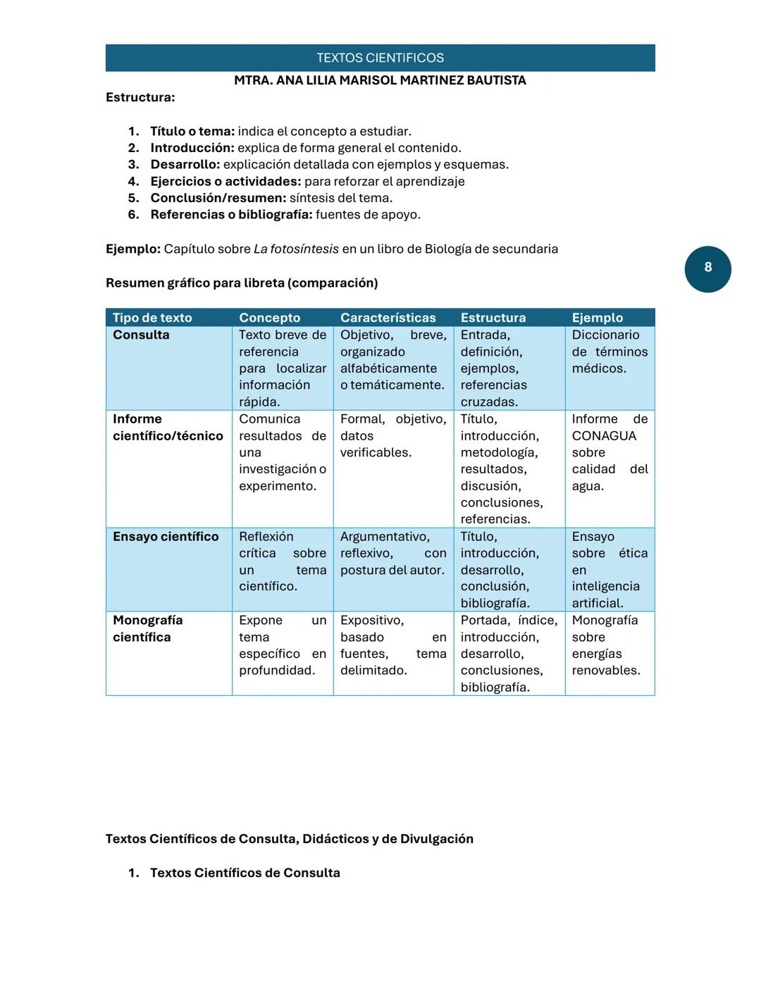TEXTO CIENTÍFICO
TEXTOS CIENTIFICOS
MTRA. ANA LILIA MARISOL MARTINEZ BAUTISTA
1. Concepto de Texto Científico (tres definiciones)
Según Cass