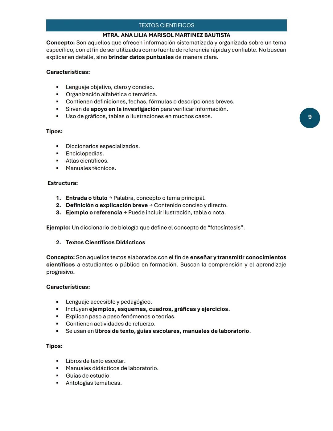 TEXTO CIENTÍFICO
TEXTOS CIENTIFICOS
MTRA. ANA LILIA MARISOL MARTINEZ BAUTISTA
1. Concepto de Texto Científico (tres definiciones)
Según Cass