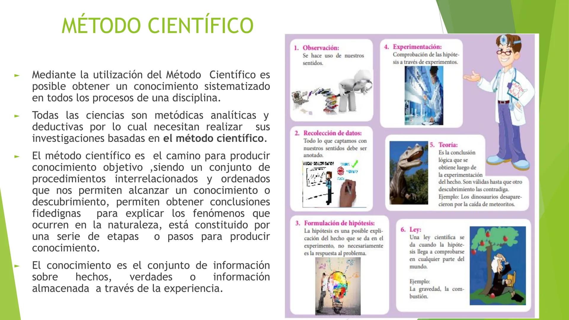 # MÉTODO CIENTÍFICO
- Mediante la utilización del Método Científico es
posible obtener un conocimiento sistematizado
en todos los procesos