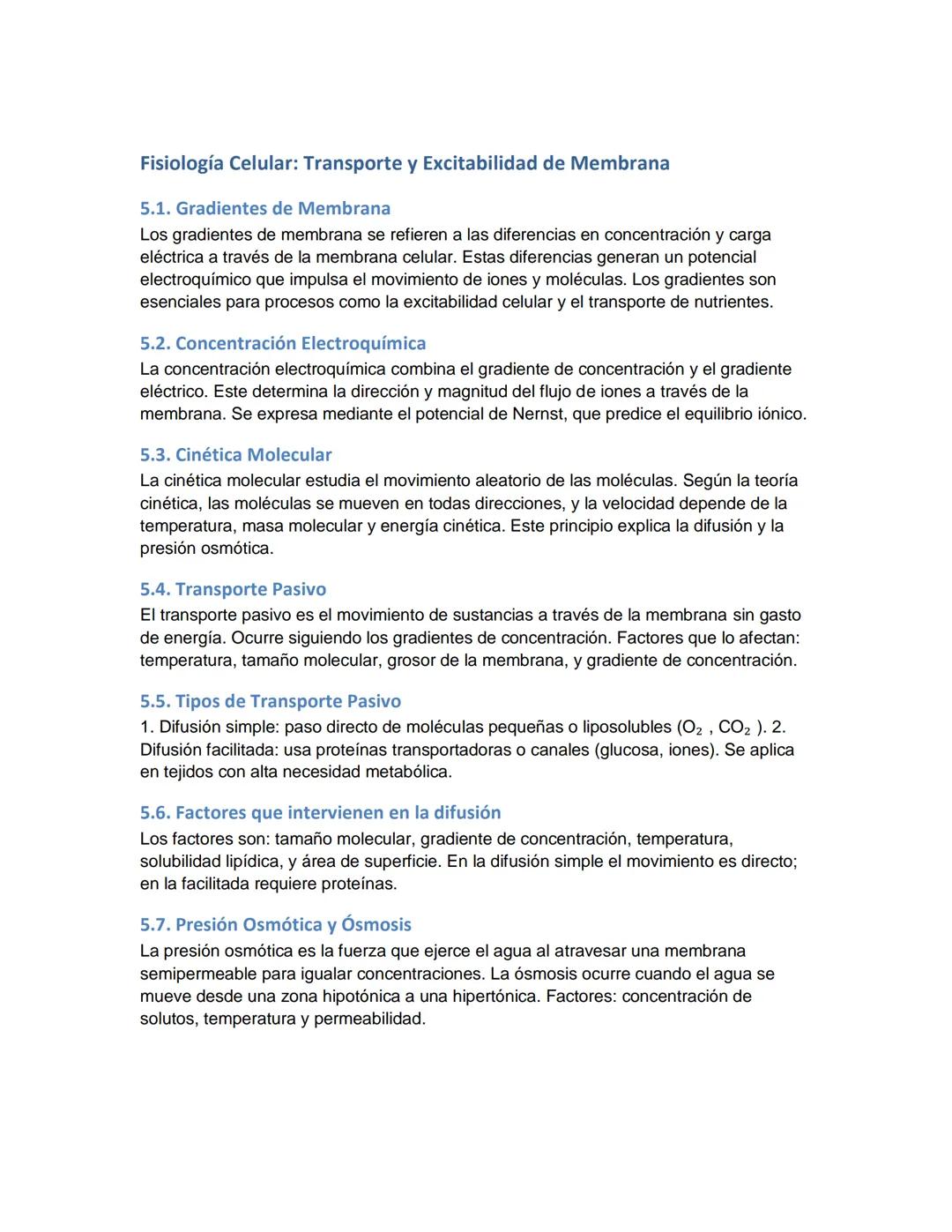 # Fisiología Celular: Transporte y Excitabilidad de Membrana
5.1. Gradientes de Membrana
Los gradientes de membrana se refieren a las dife