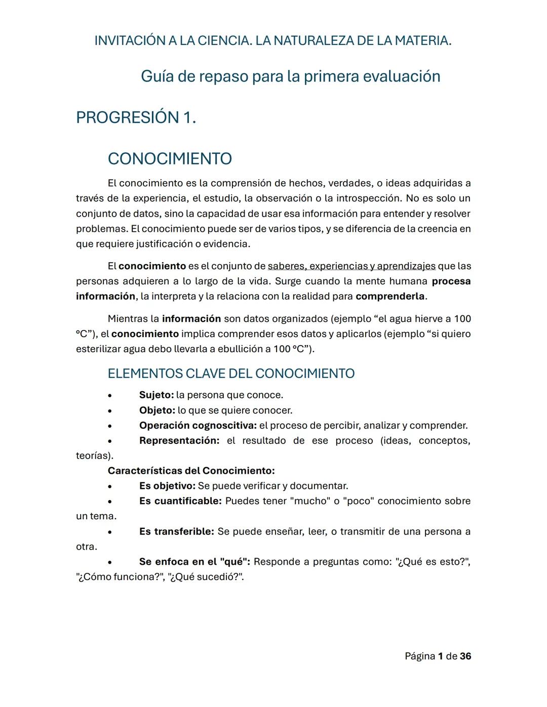 # INVITACIÓN A LA CIENCIA. LA NATURALEZA DE LA MATERIA.
Guía de repaso para la primera evaluación
# PROGRESIÓN 1.
# CONOCIMIENTO
El cono