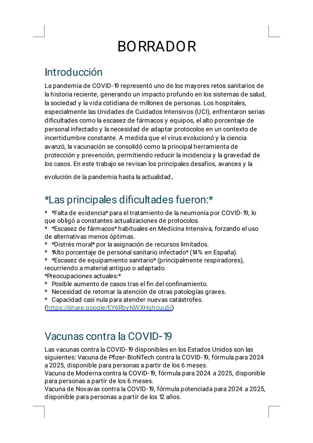 BORRADOR
# Introducción
La pandemia de COVID-19 representó uno de los mayores retos sanitarios de
la historia reciente, generando un impac
