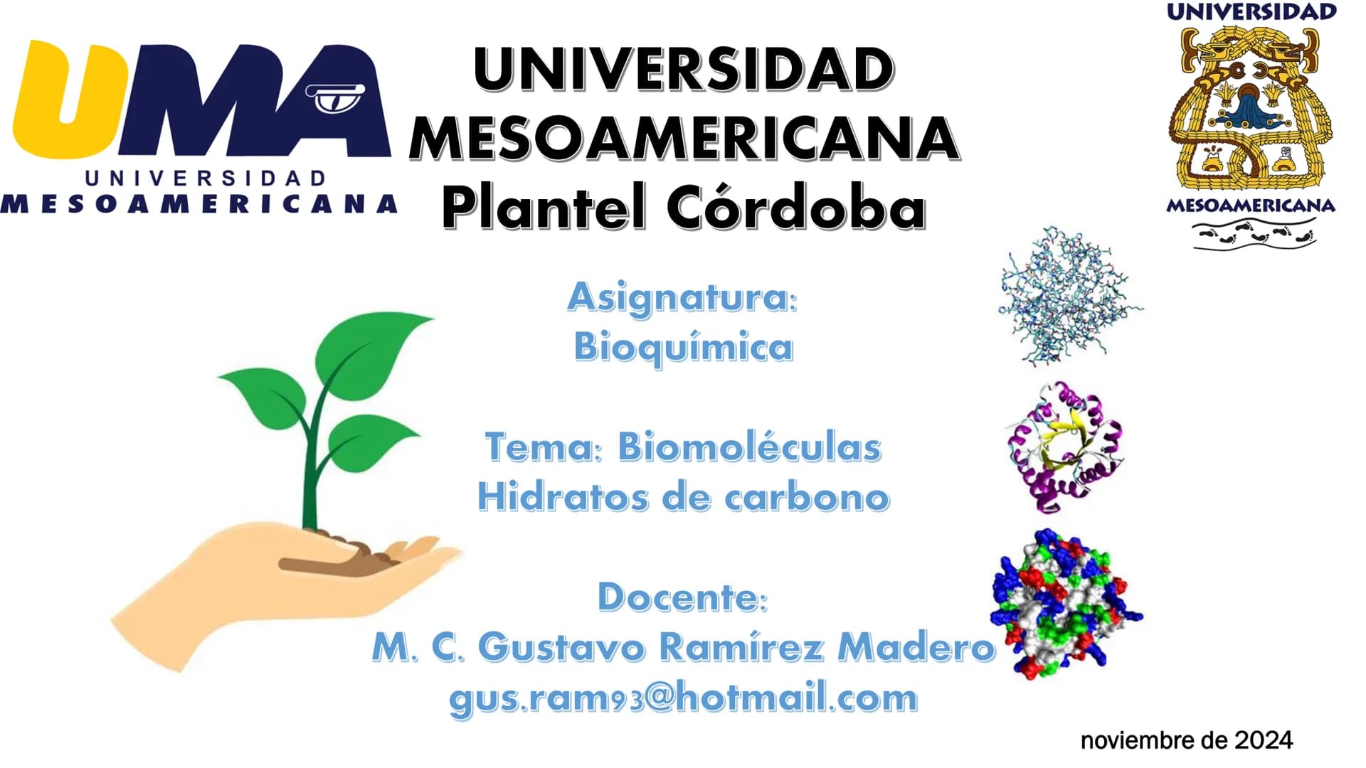 UNIVERSIDAD
MESOAMERICANA
UNIVERSIDAD
UNIVERSIDAD
MESOAMERICANA
Plantel Córdoba
Asignatura:
Bioquímica
Tema: Biomoléculas
Hidratos de carbon