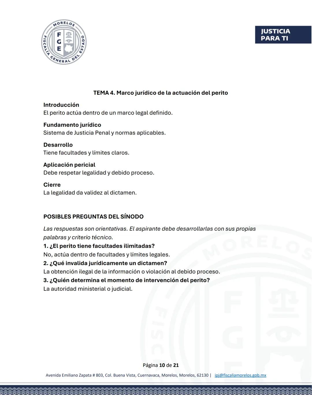 MORELOS
FGE
STADO
SCALÍA GENERAL DEL EST
JUSTICIA
PARA TI
GUÍA DE ESTUDIO
EXAMEN PARA EL CONCURSO DE OPOSICIÓN
Aspirantes a Peritos
FISC