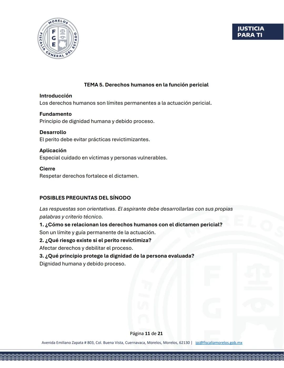 MORELOS
FGE
STADO
SCALÍA GENERAL DEL EST
JUSTICIA
PARA TI
GUÍA DE ESTUDIO
EXAMEN PARA EL CONCURSO DE OPOSICIÓN
Aspirantes a Peritos
FISC