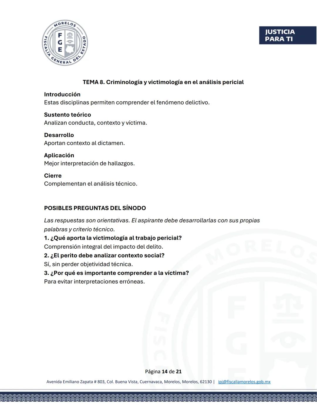 MORELOS
FGE
STADO
SCALÍA GENERAL DEL EST
JUSTICIA
PARA TI
GUÍA DE ESTUDIO
EXAMEN PARA EL CONCURSO DE OPOSICIÓN
Aspirantes a Peritos
FISC