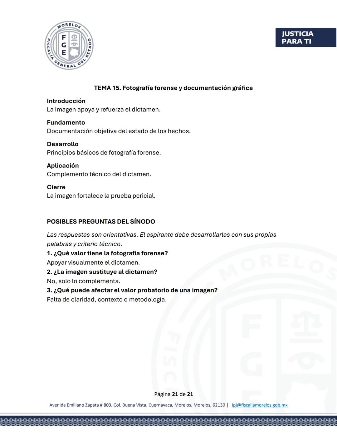 MORELOS
FGE
STADO
SCALÍA GENERAL DEL EST
JUSTICIA
PARA TI
GUÍA DE ESTUDIO
EXAMEN PARA EL CONCURSO DE OPOSICIÓN
Aspirantes a Peritos
FISC