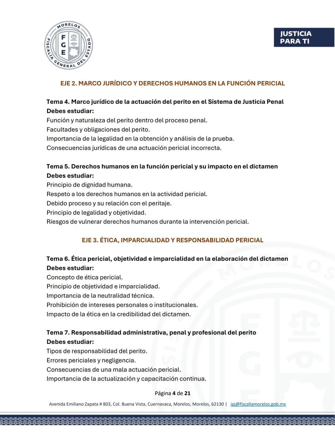 MORELOS
FGE
STADO
SCALÍA GENERAL DEL EST
JUSTICIA
PARA TI
GUÍA DE ESTUDIO
EXAMEN PARA EL CONCURSO DE OPOSICIÓN
Aspirantes a Peritos
FISC