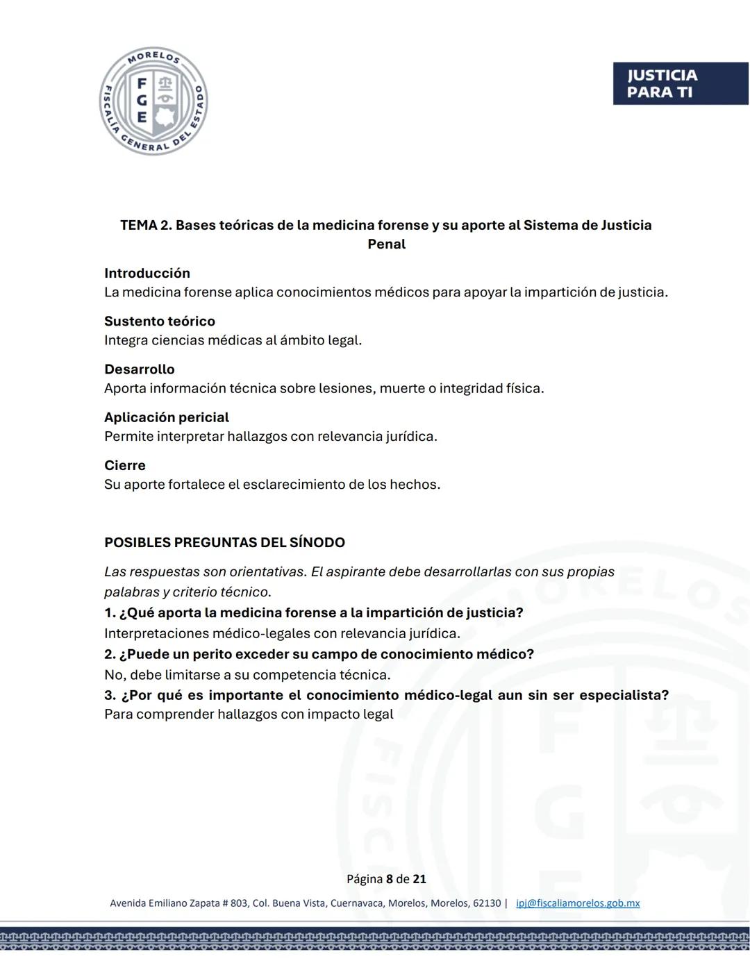 MORELOS
FGE
STADO
SCALÍA GENERAL DEL EST
JUSTICIA
PARA TI
GUÍA DE ESTUDIO
EXAMEN PARA EL CONCURSO DE OPOSICIÓN
Aspirantes a Peritos
FISC