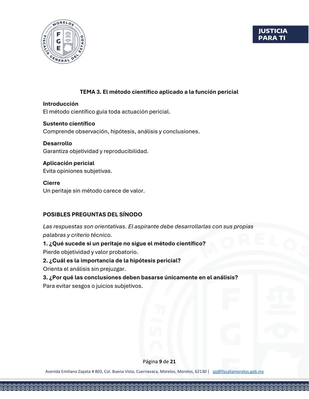 MORELOS
FGE
STADO
SCALÍA GENERAL DEL EST
JUSTICIA
PARA TI
GUÍA DE ESTUDIO
EXAMEN PARA EL CONCURSO DE OPOSICIÓN
Aspirantes a Peritos
FISC