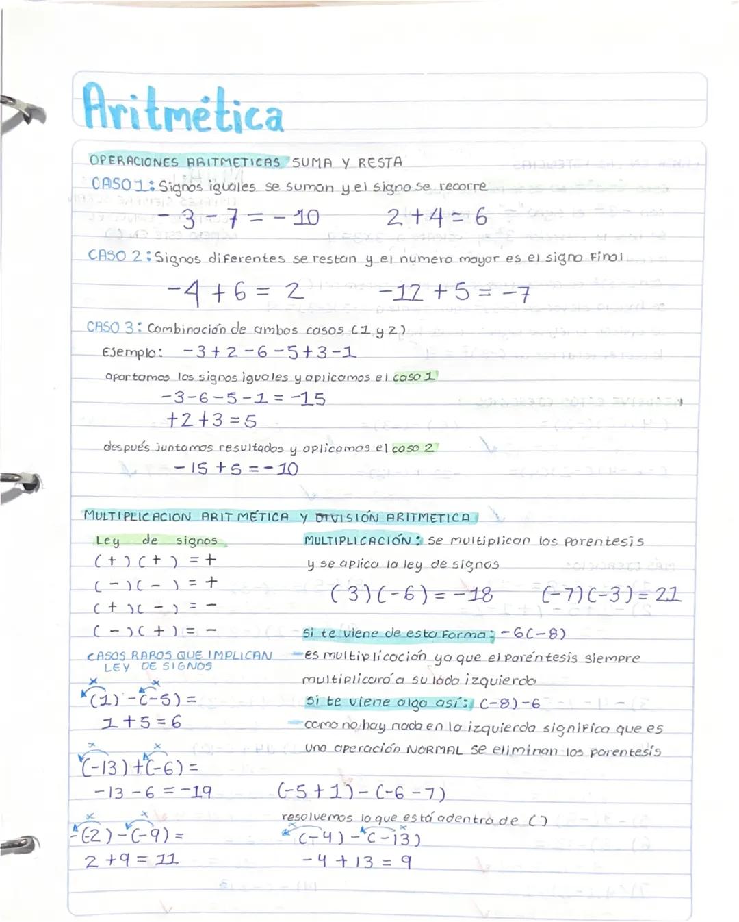 # Aritmética
OPERACIONES ARITMETICAS SUMA Y RESTA
CASO 1: Signos iguales se suman y el signo se recorre
-3-7=-10
2+4=6
CASO 2: Signos d