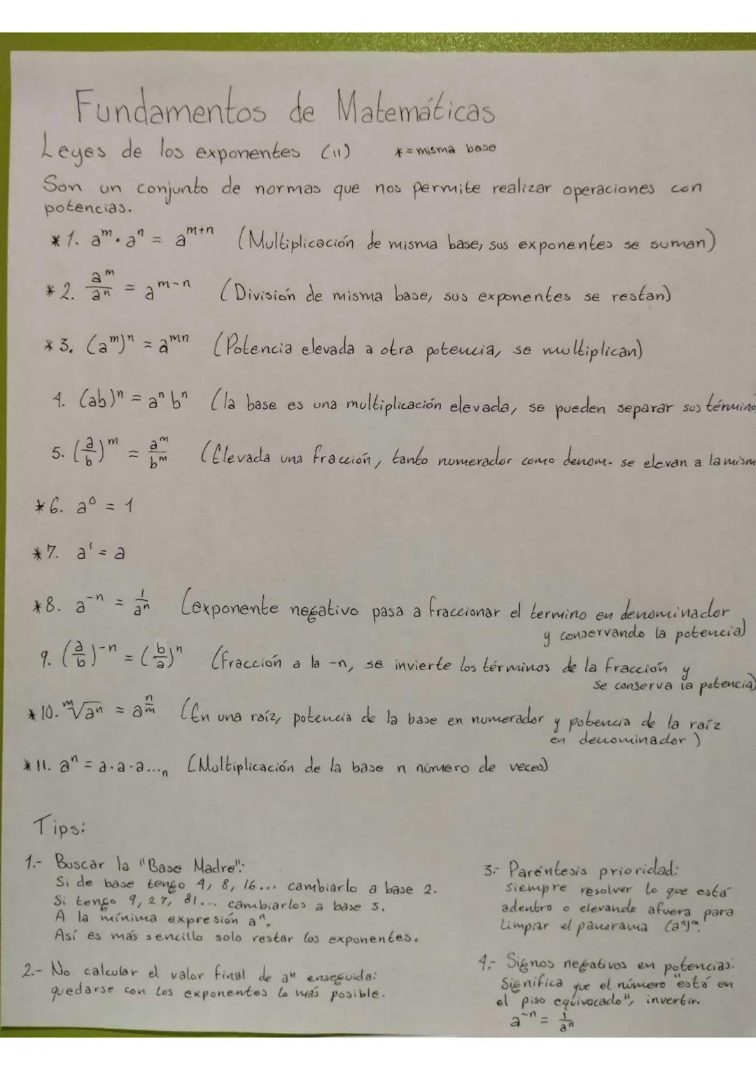# Fundamentos de Matemáticas
Leyes de los exponentes (11) *=misma base
Son un conjunto de normas que nos permite realizar operaciones con