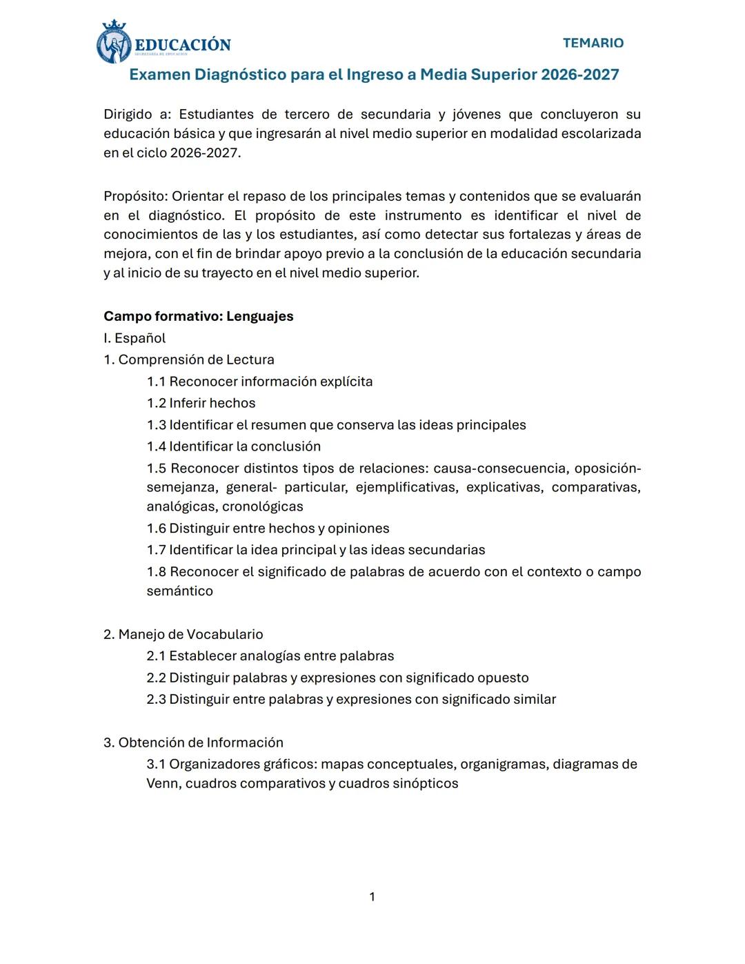 # EDUCACIÓN
TEMARIO
Examen Diagnóstico para el Ingreso a Media Superior 2026-2027
Dirigido a: Estudiantes de tercero de secundaria y jóve