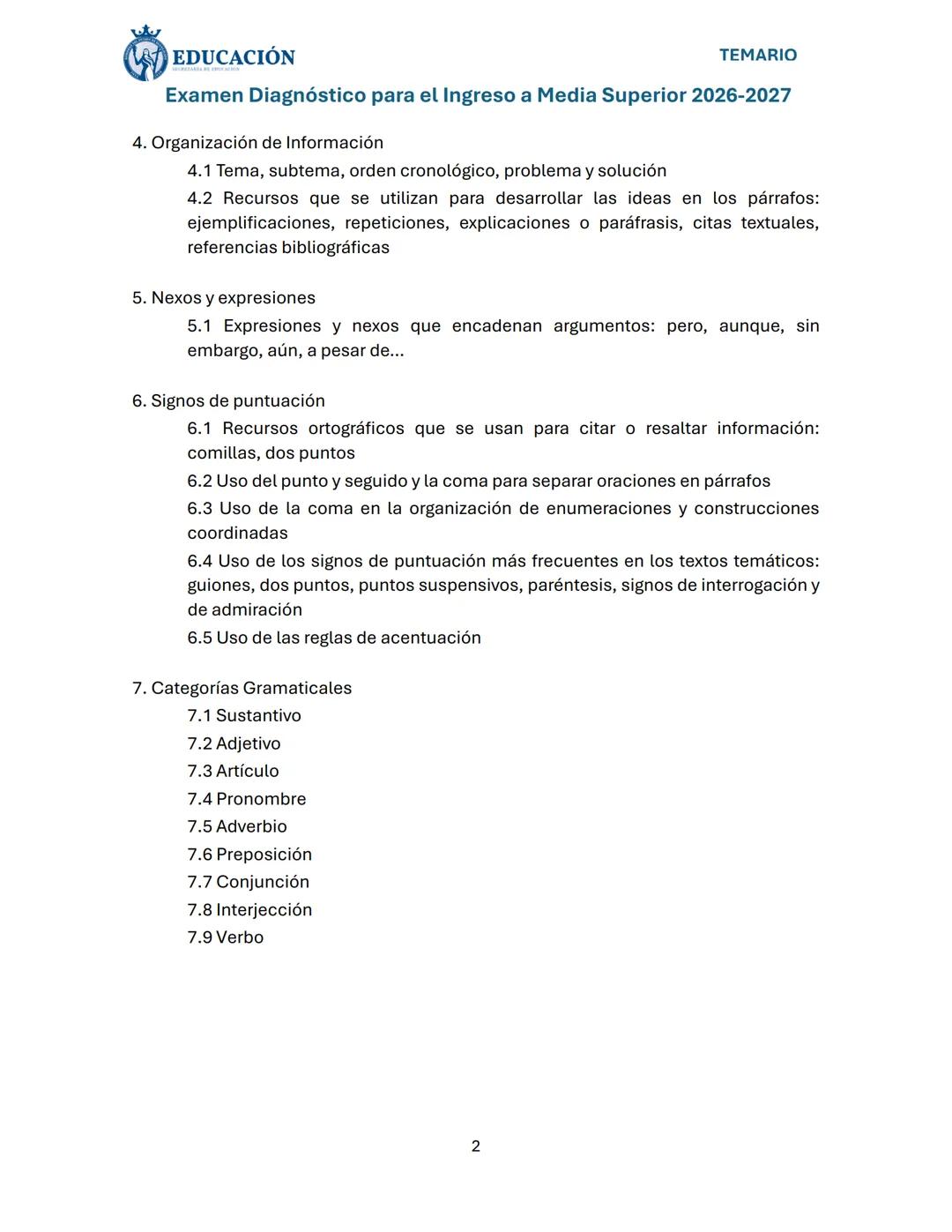 # EDUCACIÓN
TEMARIO
Examen Diagnóstico para el Ingreso a Media Superior 2026-2027
Dirigido a: Estudiantes de tercero de secundaria y jóve