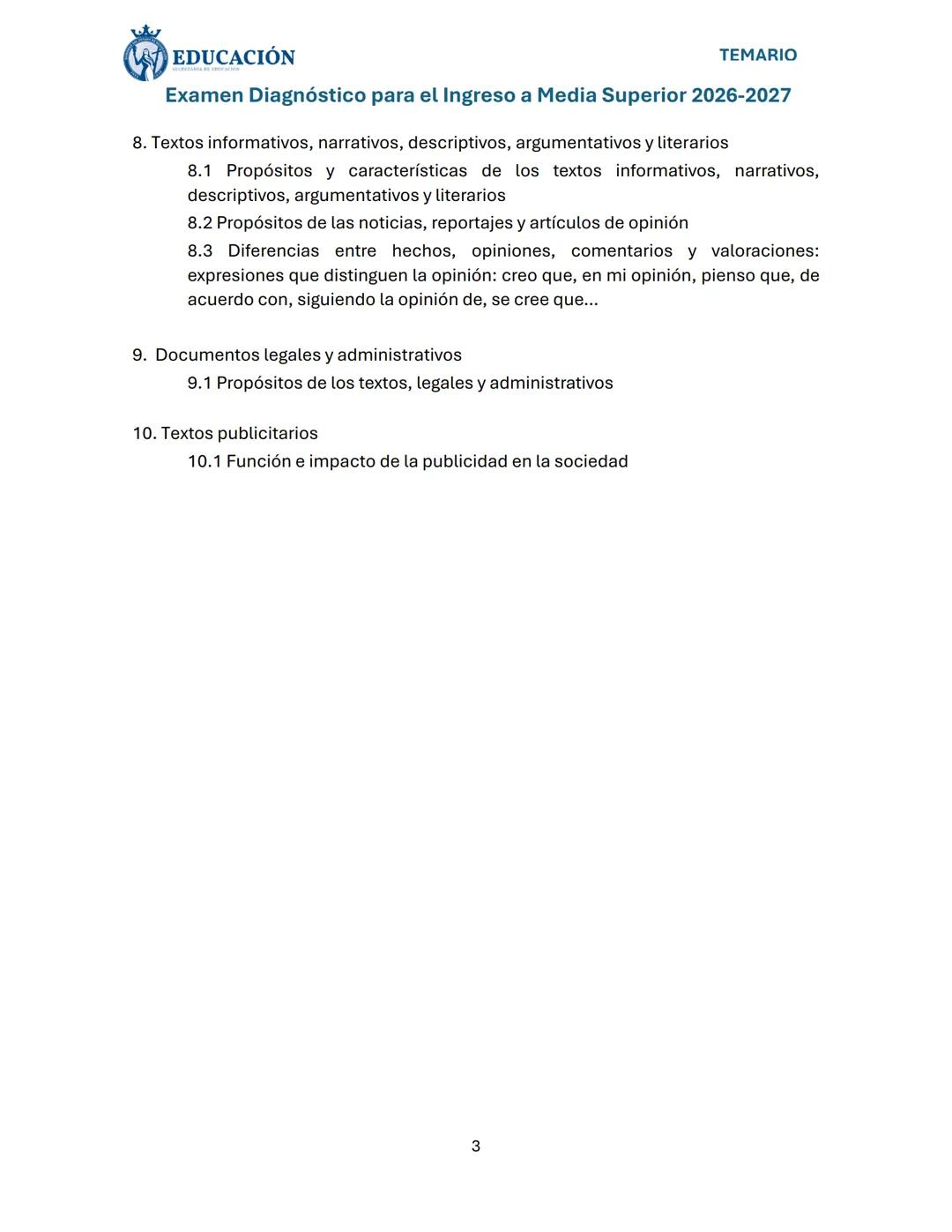 # EDUCACIÓN
TEMARIO
Examen Diagnóstico para el Ingreso a Media Superior 2026-2027
Dirigido a: Estudiantes de tercero de secundaria y jóve