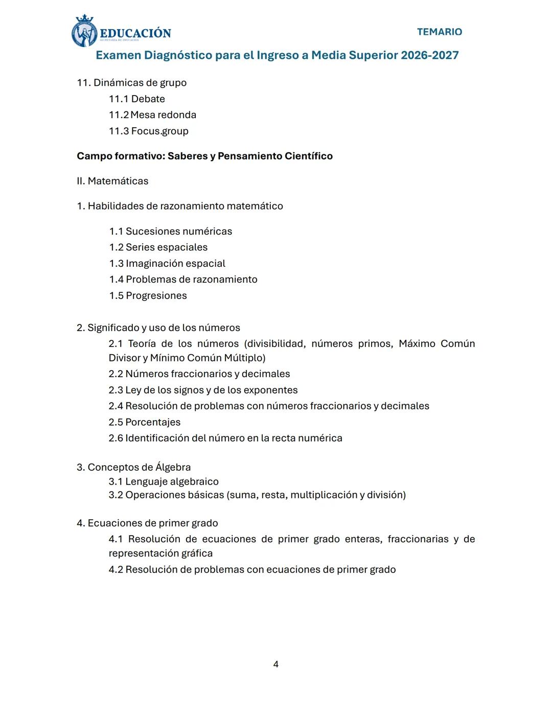 # EDUCACIÓN
TEMARIO
Examen Diagnóstico para el Ingreso a Media Superior 2026-2027
Dirigido a: Estudiantes de tercero de secundaria y jóve