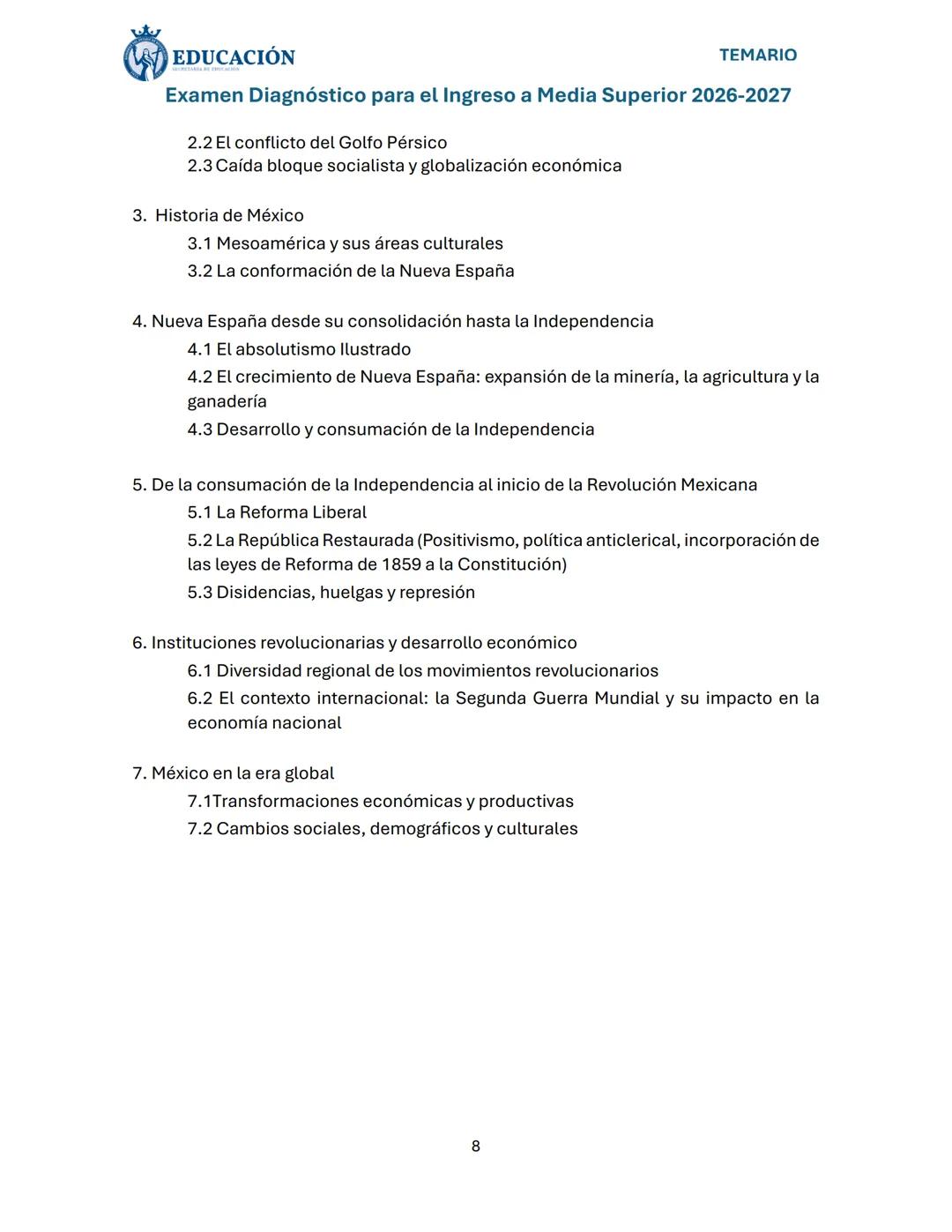# EDUCACIÓN
TEMARIO
Examen Diagnóstico para el Ingreso a Media Superior 2026-2027
Dirigido a: Estudiantes de tercero de secundaria y jóve