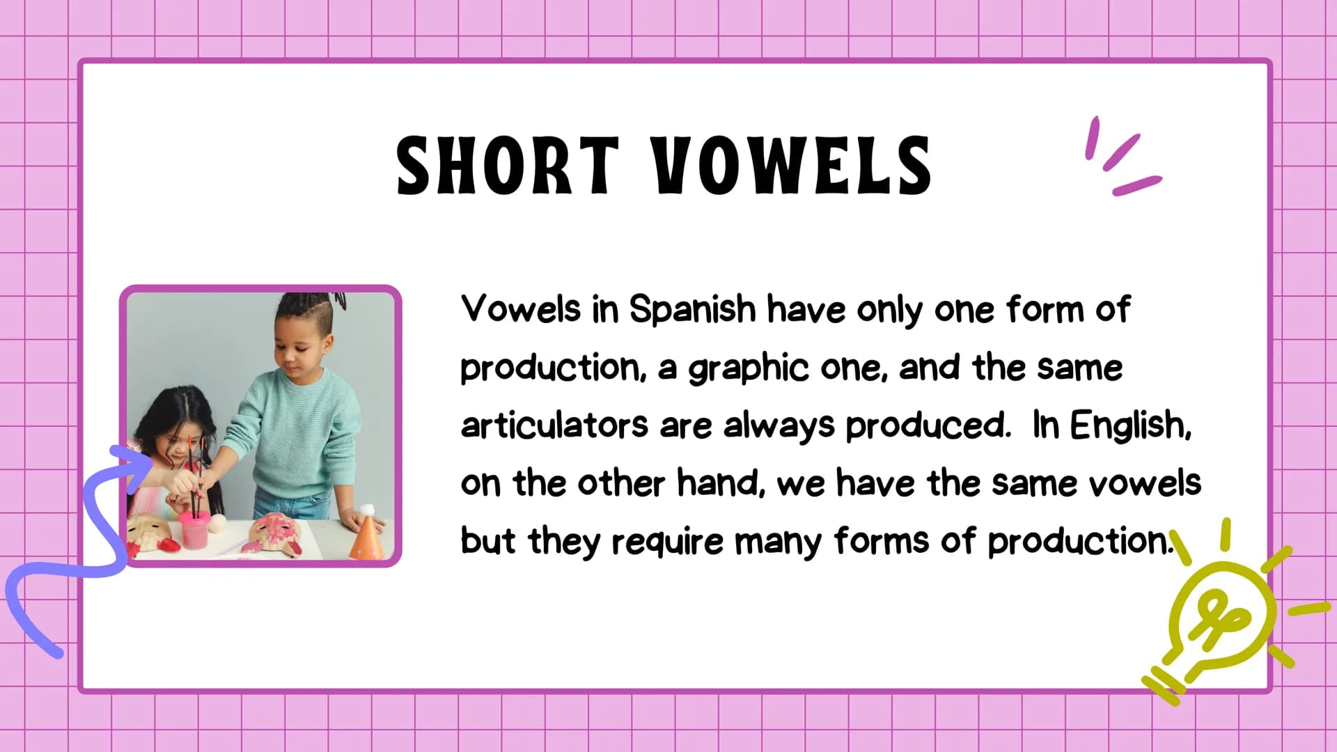 # SHORT VOWELS
Vowels in Spanish have only one form of
production, a graphic one, and the same
articulators are always produced. In English,