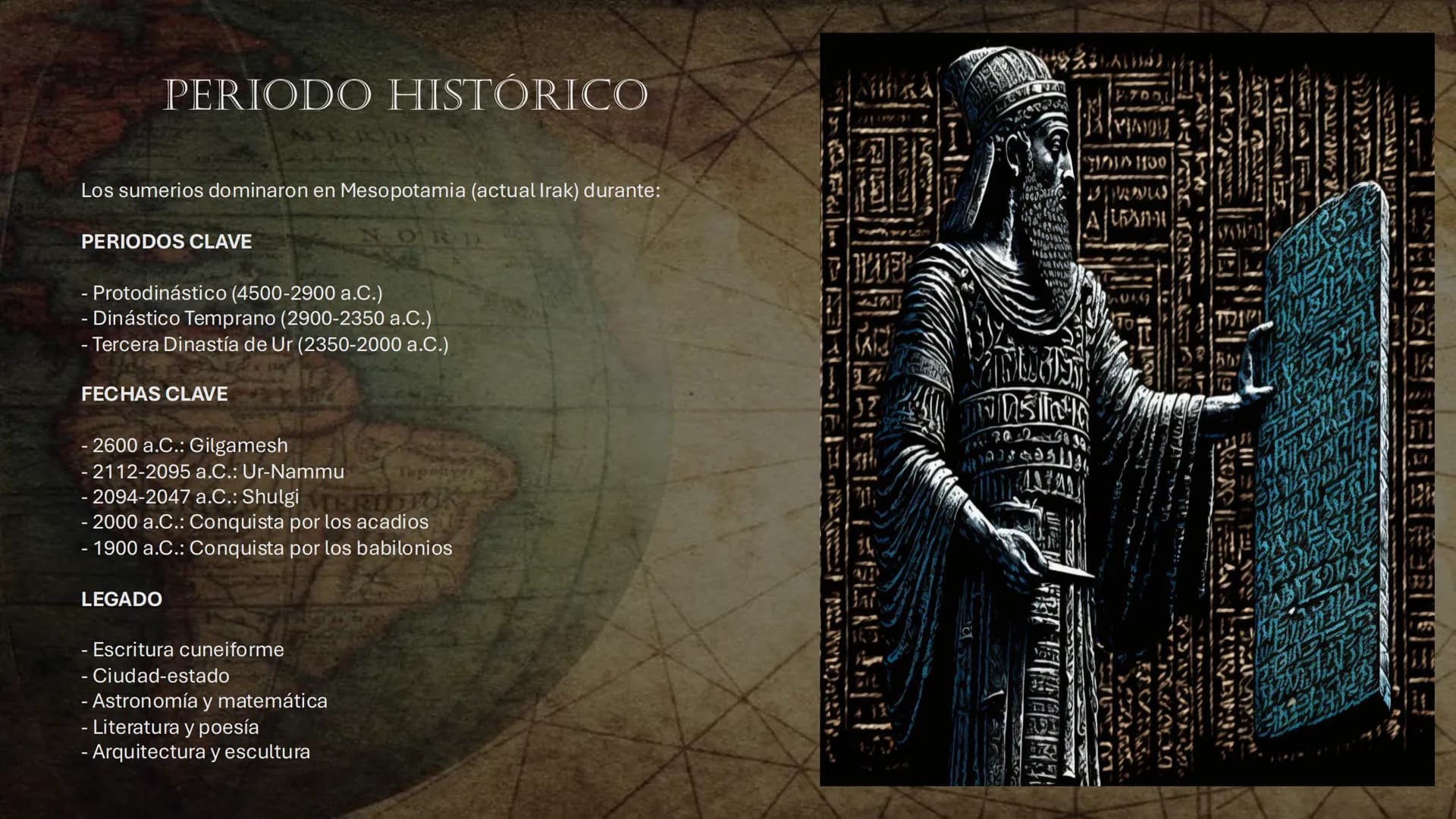 # PERIODO HISTÓRICO
Los sumerios dominaron en Mesopotamia (actual Irak) durante:
## PERIODOS CLAVE
- Protodinástico (4500-2900 a.C.)
- Diná