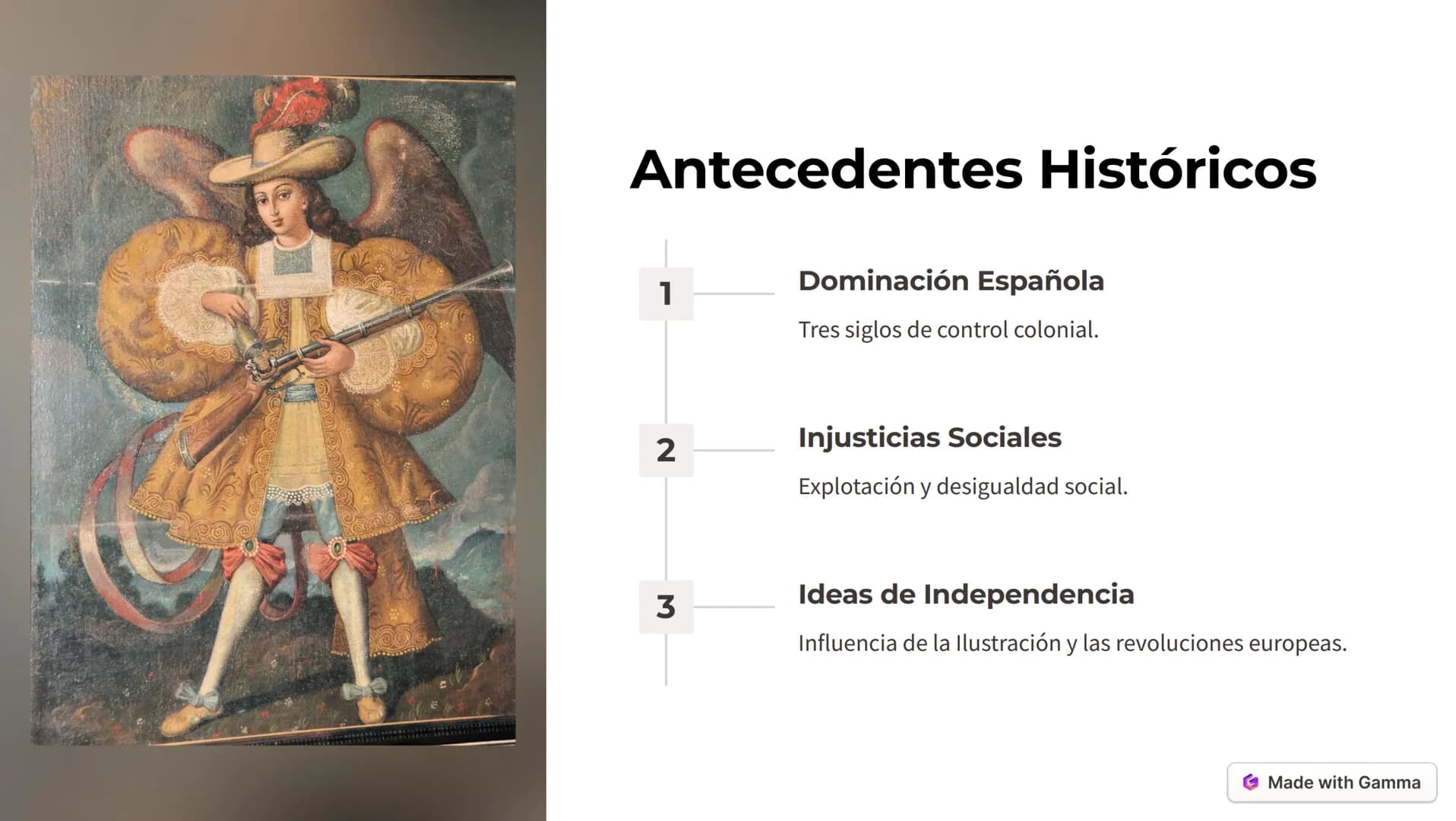 # Antecedentes Históricos
1. **Dominación Española**
Tres siglos de control colonial.
2. **Injusticias Sociales**
Explotación y d