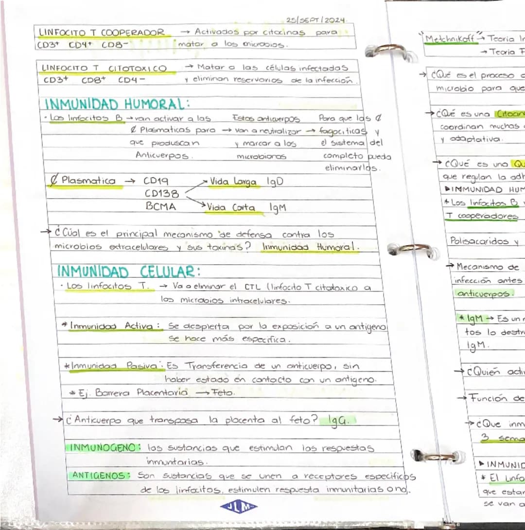 25/SEPT/24.
# APUNTES DE Inmunologia
Inmunologio -> Ciencia del reconocimiento de lo propio.
-> Su función fisiologica del Sistema Inmunit