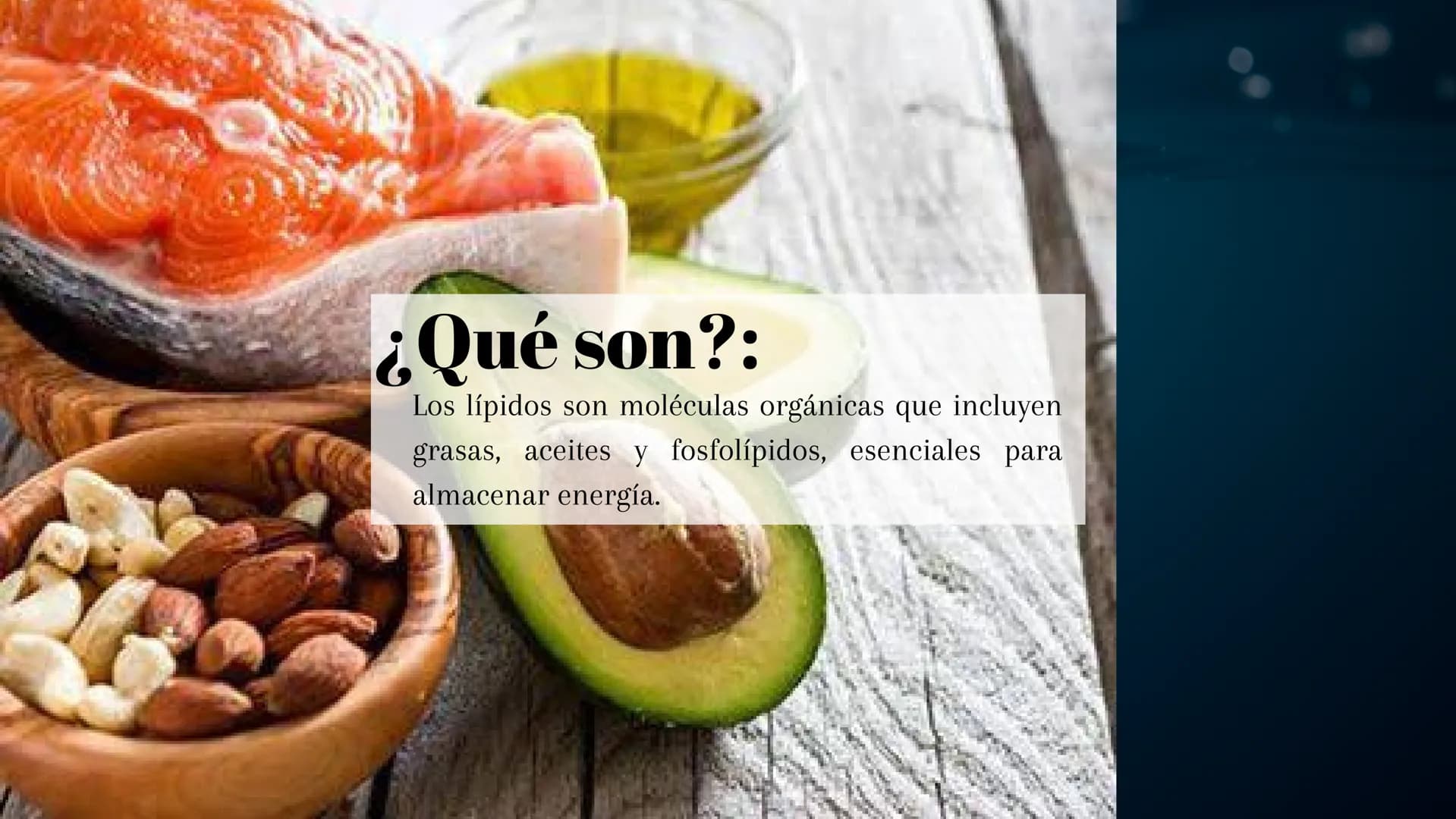 ¿Qué son?:
Los lípidos son moléculas orgánicas que incluyen
grasas, aceites y fosfolípidos, esenciales para
almacenar energía. # Tipos:
Hay
