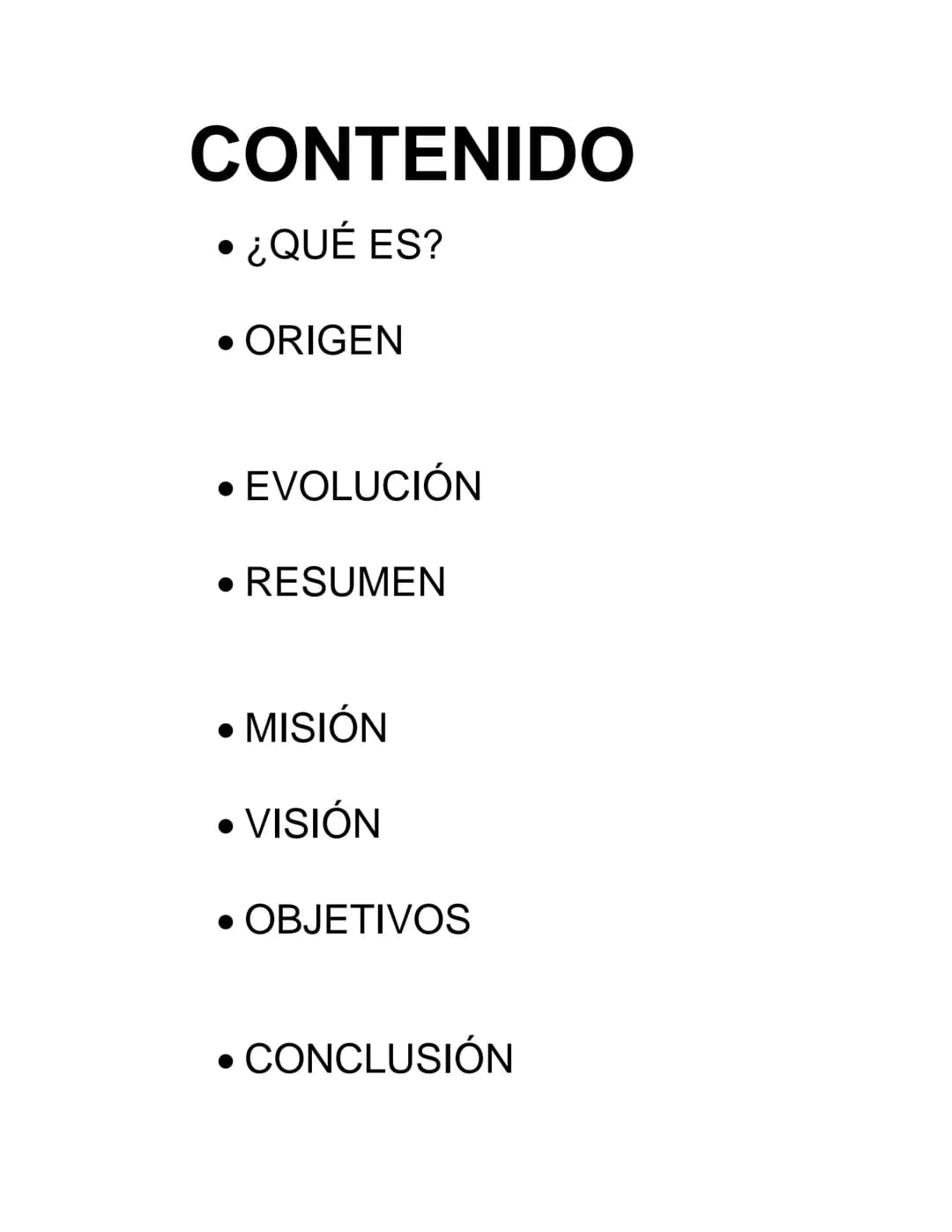 # CONTENIDO
* ¿QUÉ ES?
* ORIGEN
* EVOLUCIÓN
* RESUMEN
* MISIÓN
* VISIÓN
* OBJETIVOS
* CONCLUSIÓN # ¿QUÉ ES?
La planeación estratégica es un