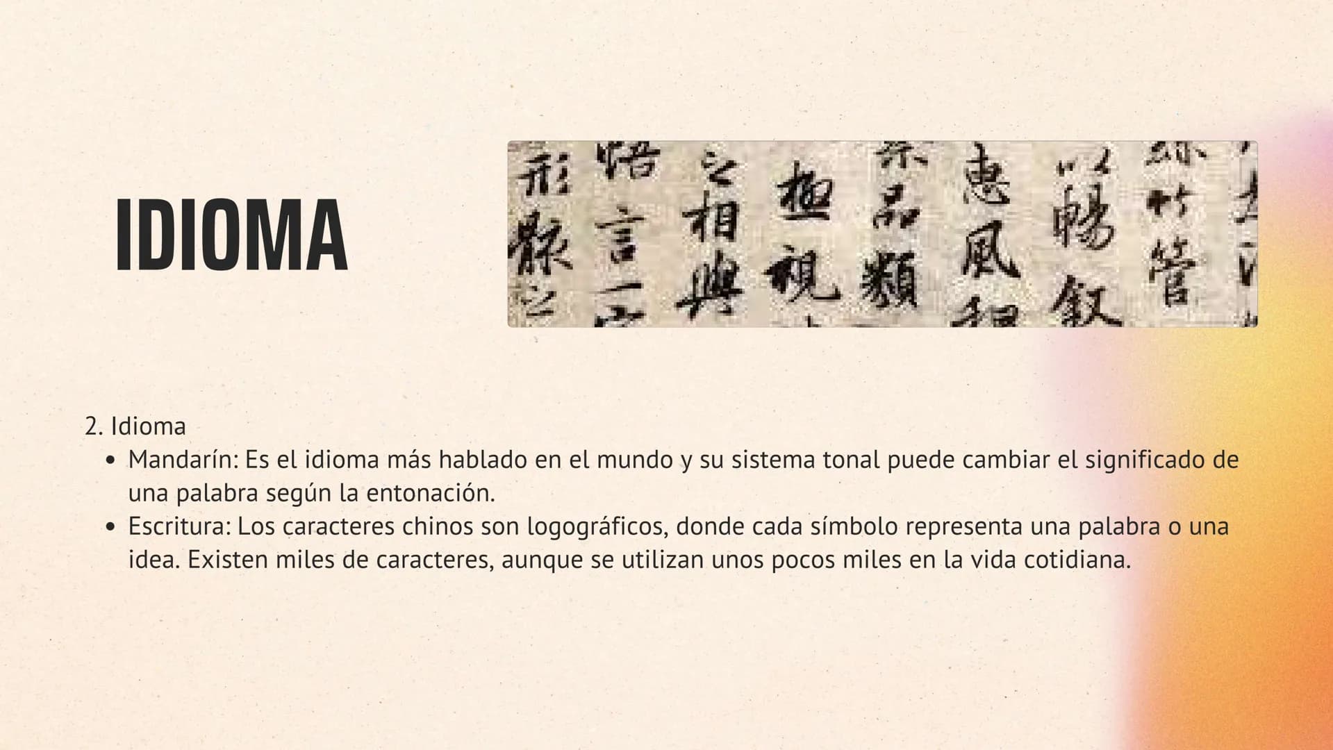 # FILOSOFIA Y
# RELIGION
1. Filosofía y Religión
* Confucianismo: Fundado por Confucio, se centra en la moralidad, la ética y la importanci