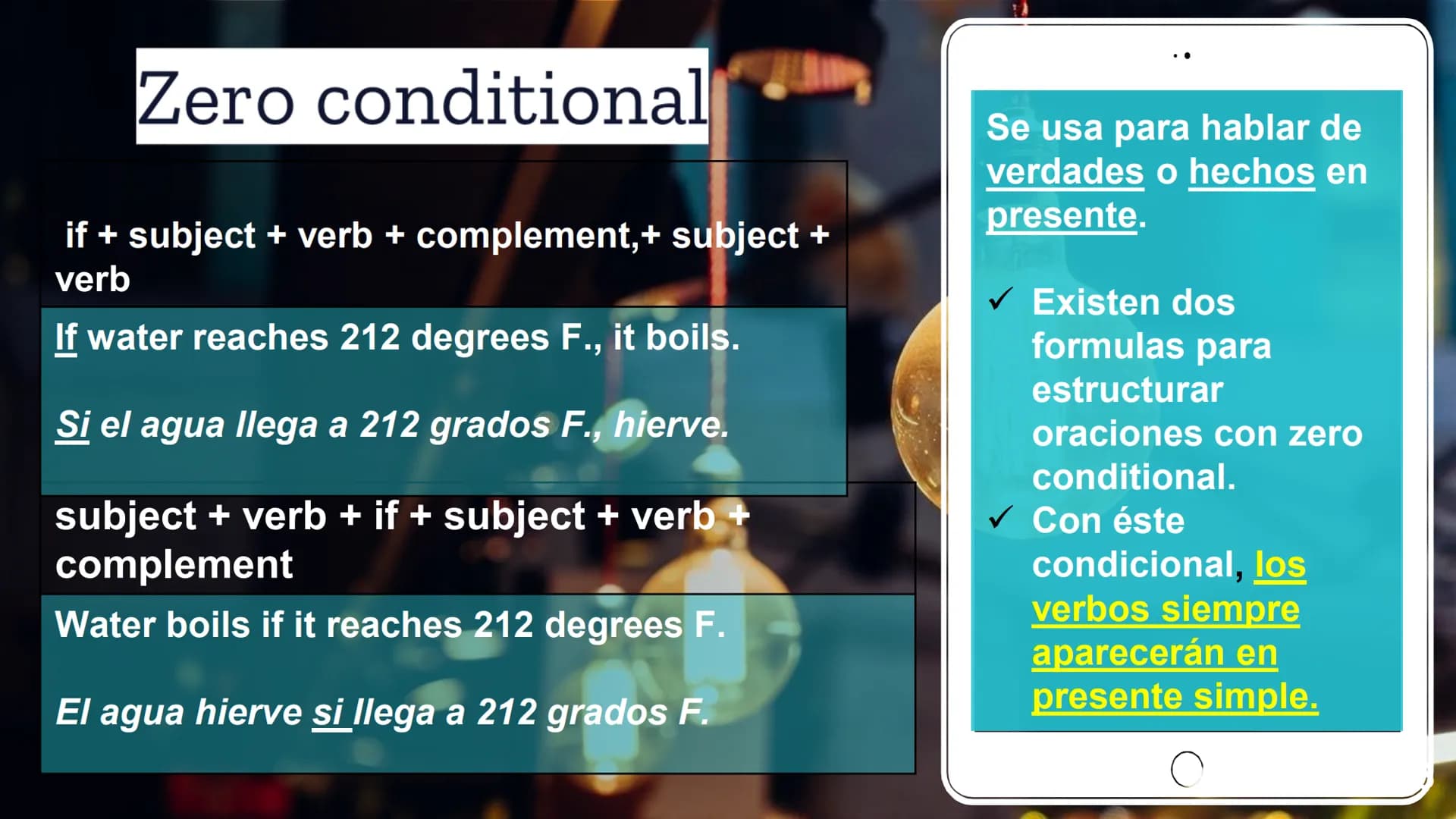 # Tipos de condicionales
| Conditionals | Example | Translation |
|---|---|---|
| 1. Zero conditional | If it rains, the stairs get slipper