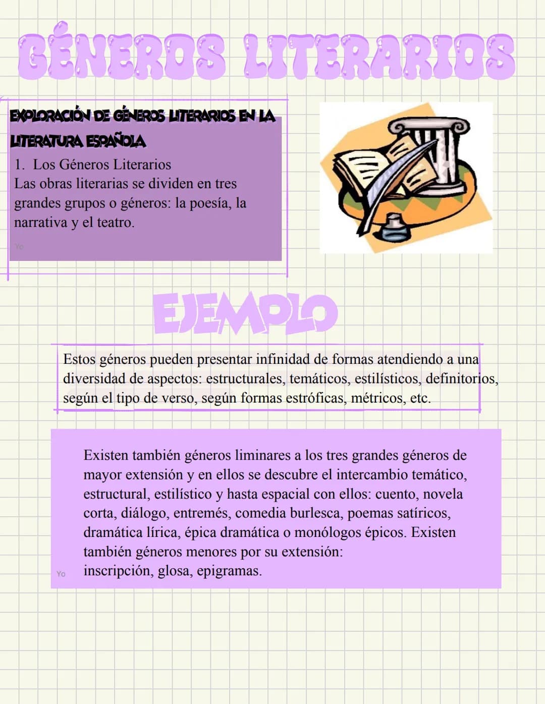 # GÉNEROS LITERARIOS
## EXPLORACIÓN DE GÉNEROS LITERARIOS EN LA LITERATURA ESPAÑOLA
1. Los Géneros Literarios
Las obras literarias se div
