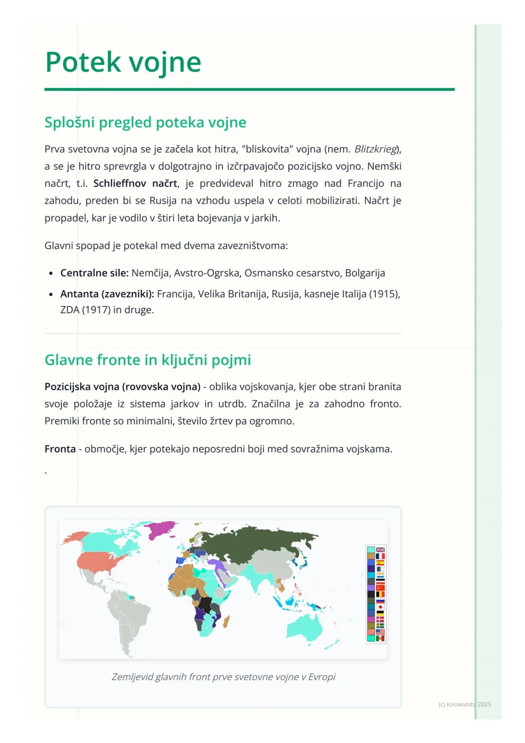 # Potek vojne
Splošni pregled poteka vojne
Prva svetovna vojna se je začela kot hitra, "bliskovita" vojna (nem. Blitzkrieg),
a se je hitro