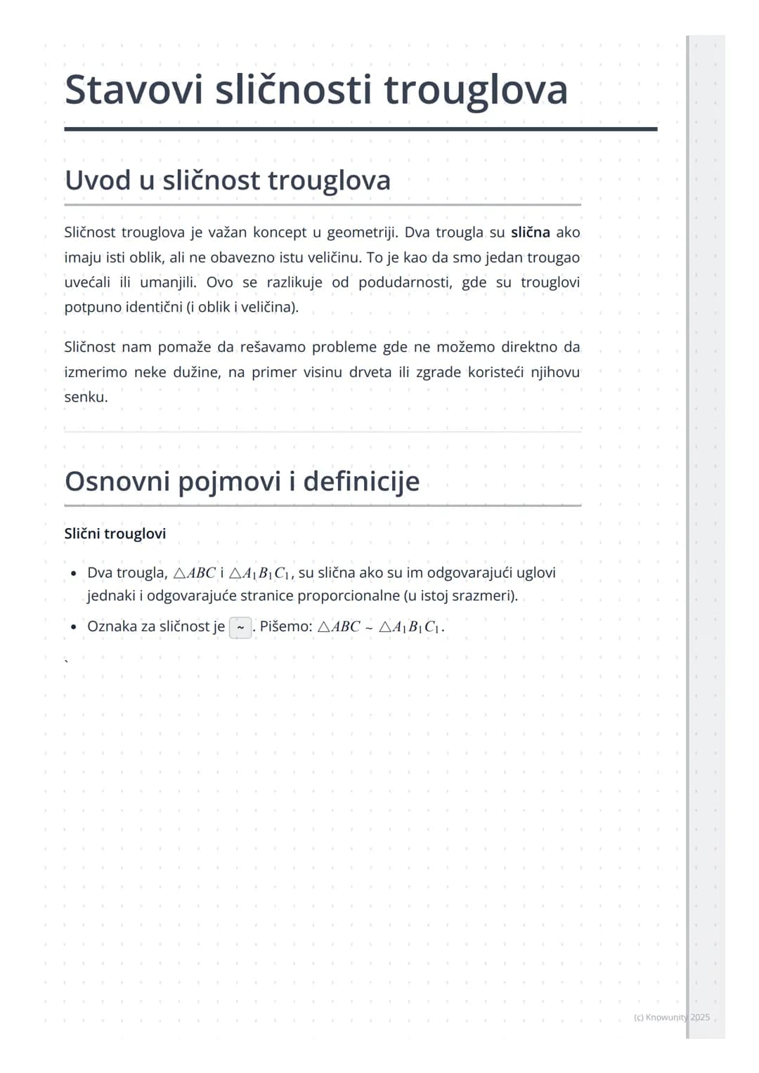 # Stavovi sličnosti trouglova
## Uvod u sličnost trouglova
Sličnost trouglova je važan koncept u geometriji. Dva trougla su slična ako
ima