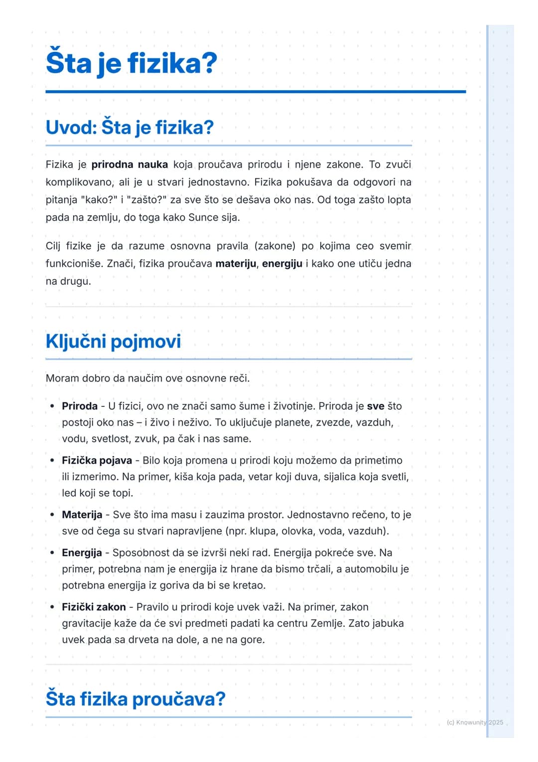 # Šta je fizika?
## Uvod: Šta je fizika?
Fizika je prirodna nauka koja proučava prirodu i njene zakone. To zvuči
komplikovano, ali je u st