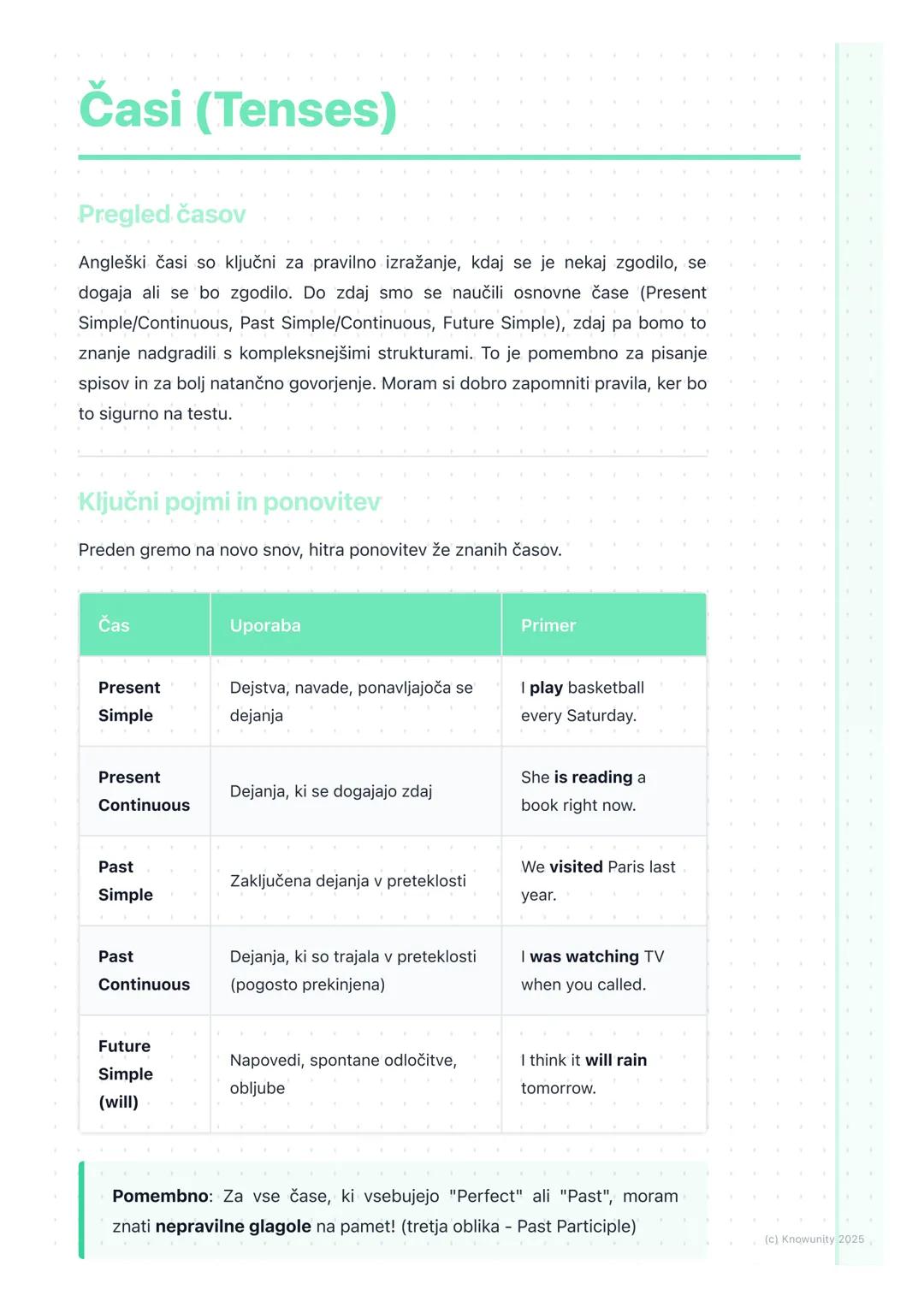 # Časi (Tenses)
Pregled časov
Angleški časi so ključni za pravilno izražanje, kdaj se je nekaj zgodilo, se
dogaja ali se bo zgodilo. Do zd