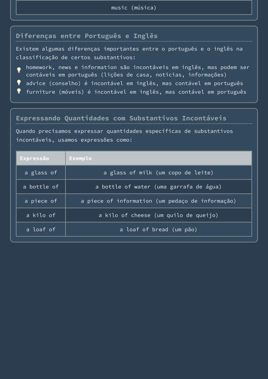 # Substantivos Contáveis e Incontáveis
Introdução aos Substantivos Contáveis e Incontáveis
Na língua inglesa, os substantivos são classifi