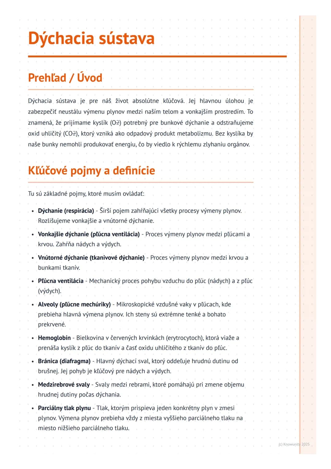 # Dýchacia sústava
## Prehľad / Úvod
Dýchacia sústava je pre náš život absolútne kľúčová. Jej hlavnou úlohou je
zabezpečiť neustálu výmenu