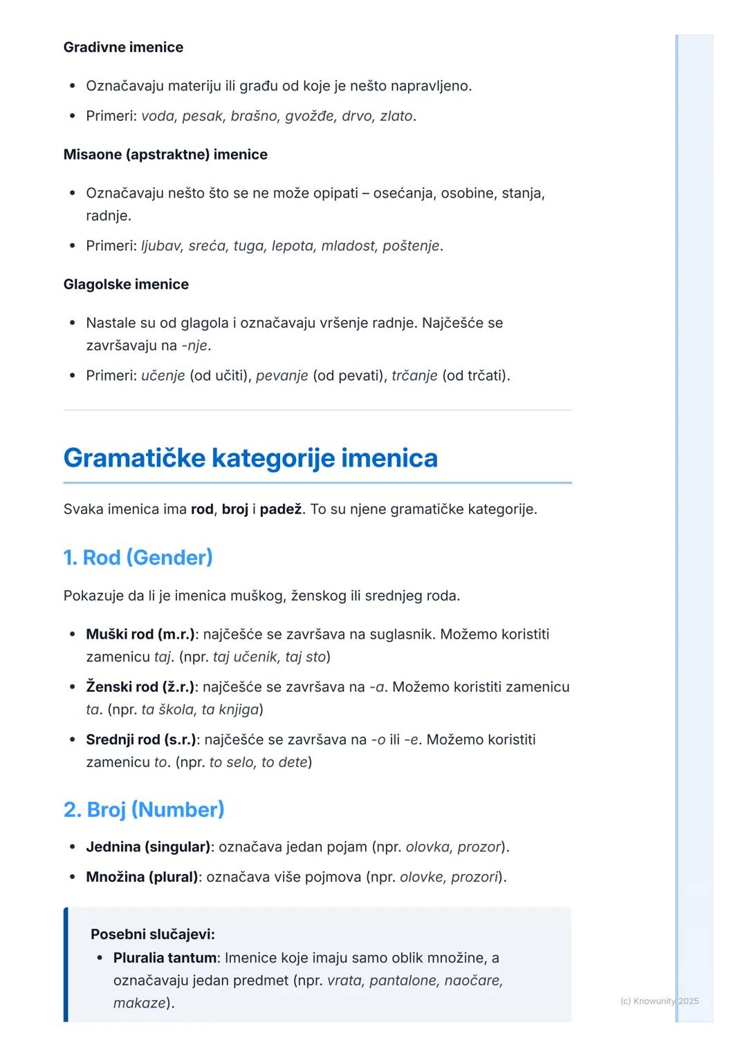 # Imenice
## Uvod u imenice
Imenice su reči koje imenuju bića, predmete i pojave. One su osnova
rečenice, jer nam govore o kome ili o čemu