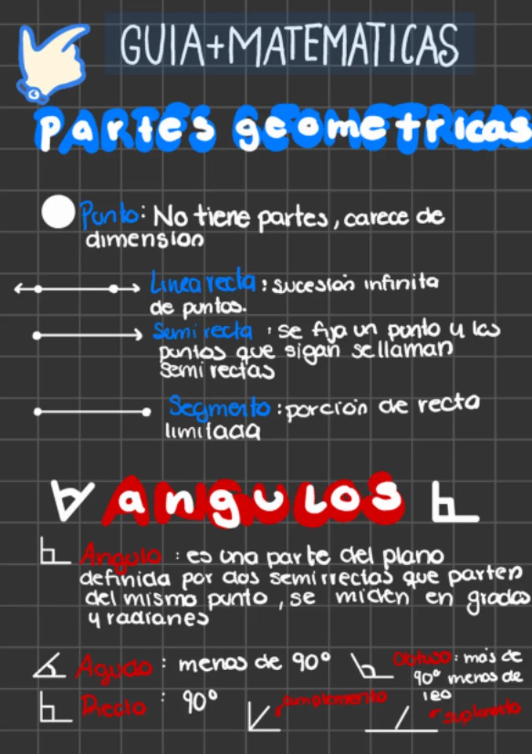 ✓ GUIA+MATEMATICAS
Partes geometricas
• Punto: No tiene partes, carece de
dimensio
→ Linea recta: sucesión infinita
de puntos.
→ Semi re