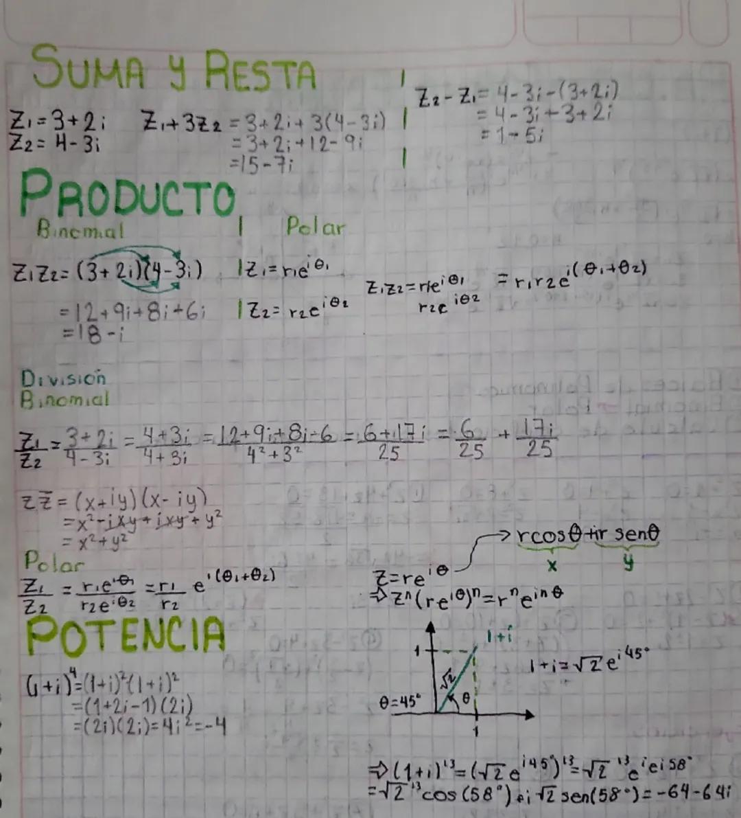 # SUMA Y RESTA
Z=3+2; Zi+3Z2 = 3+2+3(4-31) 1
Z2=H-3i
=3+2:+12-91
=15-71
# PRODUCTO, Pelar
ZiZz=(3+2)(4-3) 12=riee.
=12+9+8+6; 1Z2=rzeiz
=18