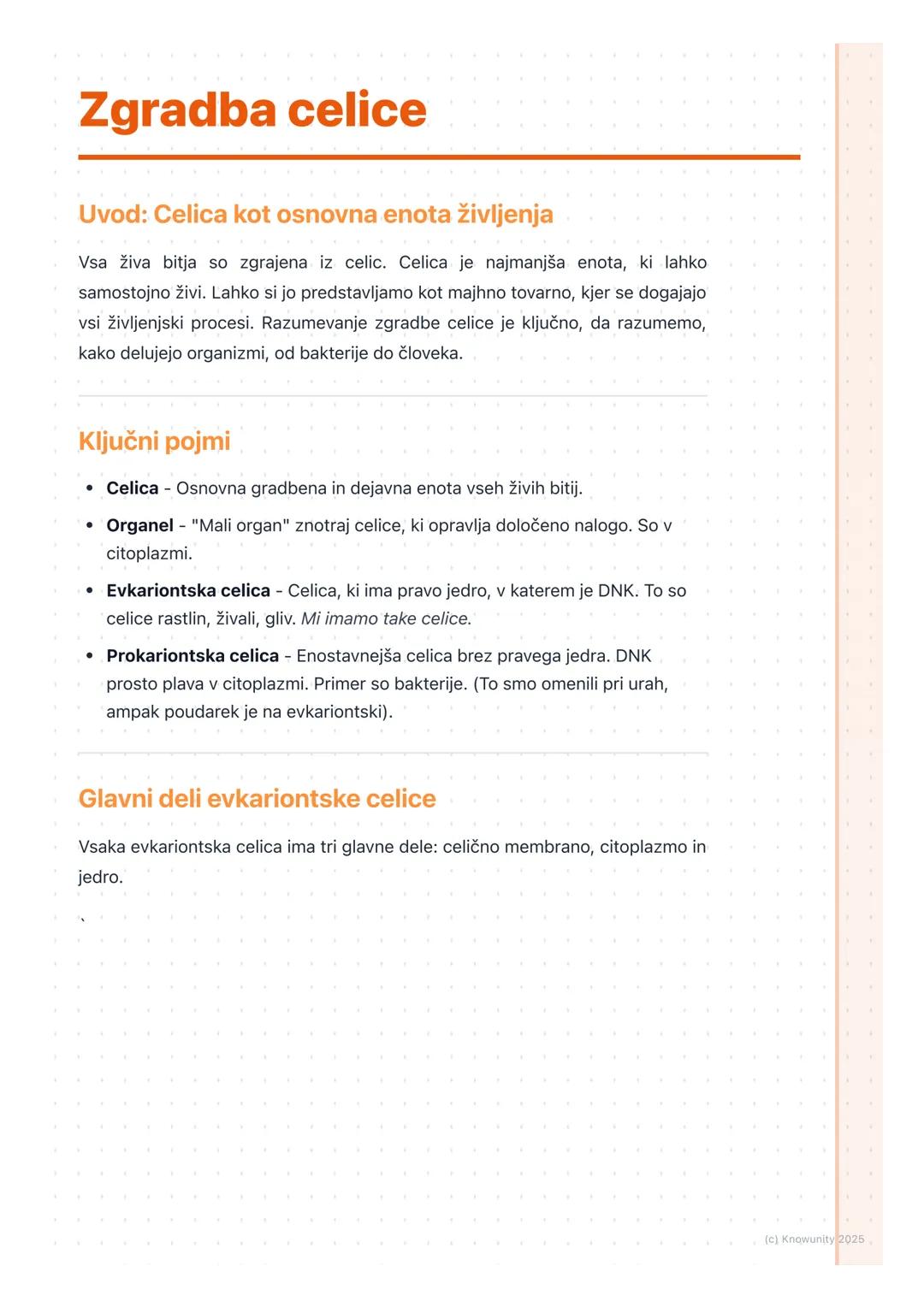 # Zgradba celice
Uvod: Celica kot osnovna enota življenja
Vsa živa bitja so zgrajena iz celic. Celica je najmanjša enota, ki lahko
samosto